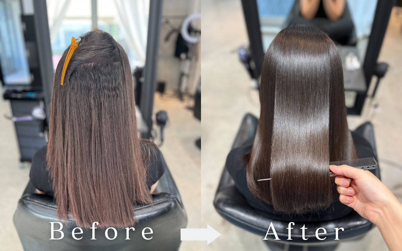 BONDZSALONの縮毛矯正ビフォーアフター — 根元の強いくせからストレートへ