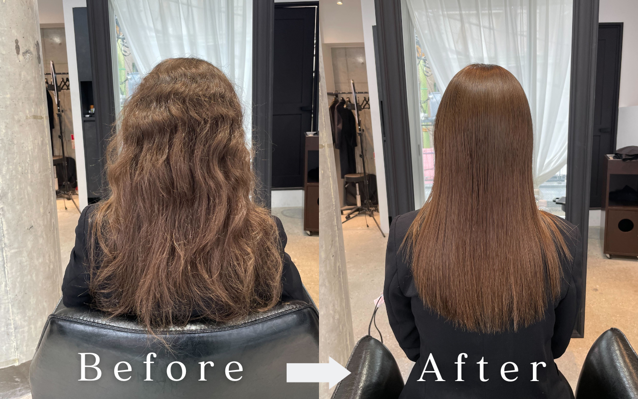 全体の強いうねりを縮毛矯正で艶髪に — BONDZSALONの施術例